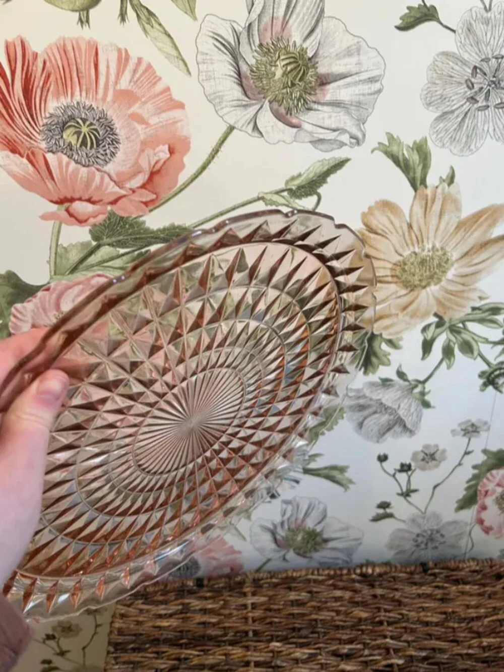 Vintage Blush Pink Pressed Glass Starburst Platter Decorative Round Tray